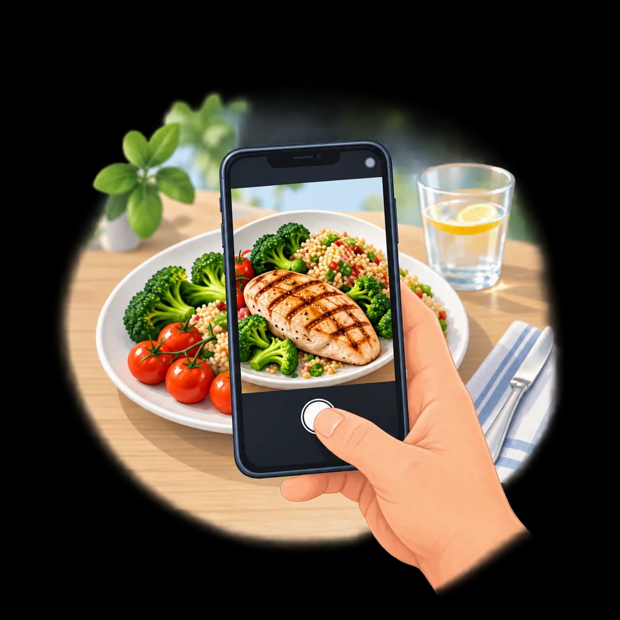 Telefon fotografuje talíř s kuřecím masem a zeleninou.